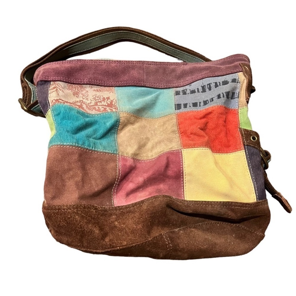 Lucky Brand Patchwork Boho Suede Leather Messenger Tote Shoulder Bag Purse.